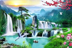 Tranh sơn thủy chim hạc thác nước thiên nhiên