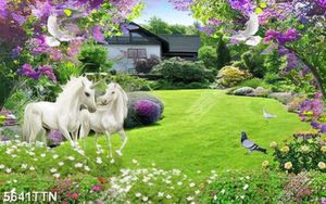 Tranh in 3d ngựa trắng và vườn hoa