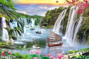 Tranh file gốc con thuyền căng buồm và thác nước thiên nhiên