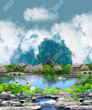 Tranh in 3d hồ sen và phong cảnh núi non huyền ảo
