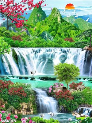 Tranh hoa đào và thác nước