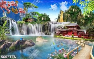 Tranh 3d dán tường ngôi chùa đỏ bên thác nước đẹp