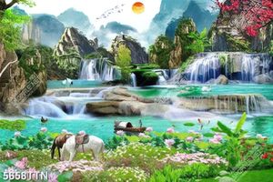 Tranh sơn thủy phong cảnh thác nước núi non file psd