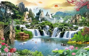 Tranh 3d thác nước phong thủy hoa sen hoa đào