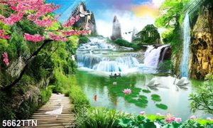 Tranh file gốc hoa đào và thác nước phong thủy tuyệt đẹp