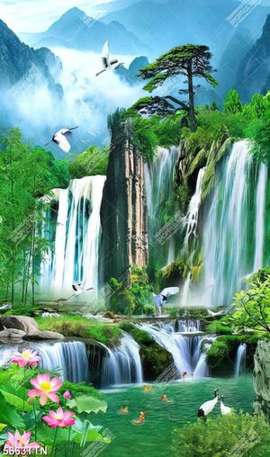 Tranh trang trí tường hoa sen và núi non file gốc