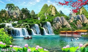 Tranh dán tường 3d cành hoa đào và phong cảnh thiên nhiên hùng vĩ