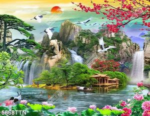 Tranh file gốc hoa sen hoa đào và thác nước phong thủy