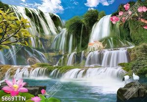 Tranh dán tường 3d hoa sen hoa đào và thác nước hùng vĩ