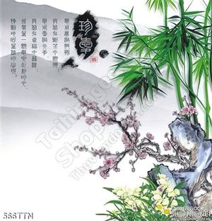 Tranh thư pháp tre và hoa đào