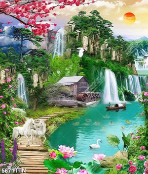 Tranh hoa đào hoa sen và phong cảnh núi non in uv