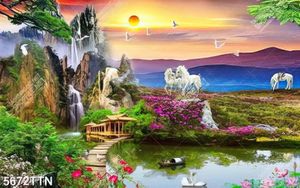 Tranh ngựa trắng và phong cảnh sông núi tuyệt đẹp in kính