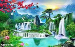 Tranh gạch ốp tường thác nước hoa đào hoa sen