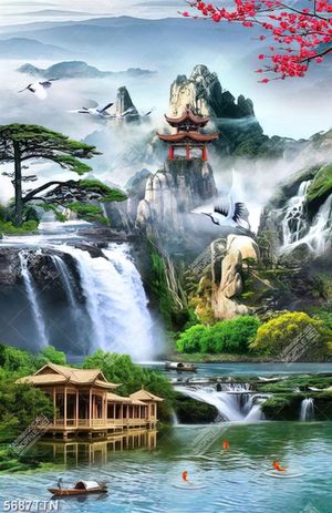 Tranh dán tường in kính ngôi chùa dưới chân thác nước đẹp