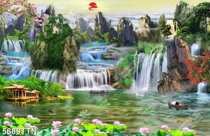 Tranh hoa sen bên thác nước tuyệt đẹp in uv