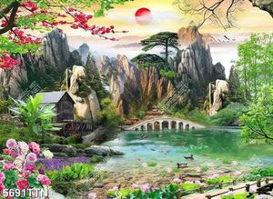 Tranh gạch 3d thác nước hồ sen