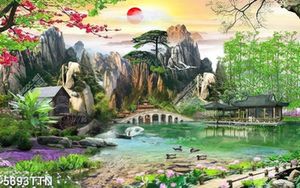Tranh sơn dầu dán tường hồ sen bên núi non