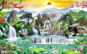 Tranh dán tường file gốc ngôi nhà bên thác nước gốc hồ sen cá koi