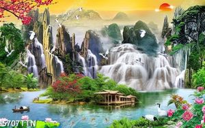 Tranh file gốc ngôi nhà gỗ trên mặt hồ và thác nước thiên nhiên hùng vĩ