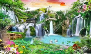 Tranh dán tường 3d hố sen và thác nước thiên nhiên tuyệt đẹp