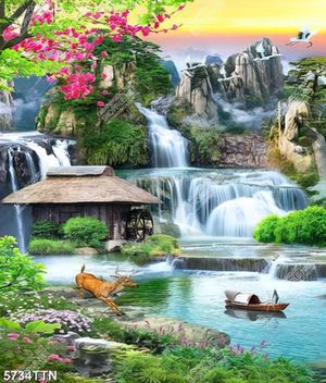 Tranh ngôi nhà nhỏ bên thác nước thiên nhiên tuyệt đẹp
