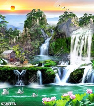 Tranh phong cảnh ngôi nhà nhỏ bên thác nước phong thủy in kính