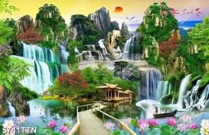 Tranh phong cảnh ngôi nhà trên sông bên thác nước thiên nhiên tuyệt đẹp