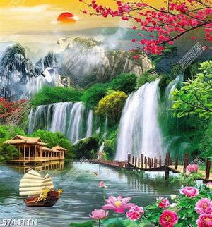 Tranh dán tường 3d cành đào và thác nước phong thủy đẹp hút hồn