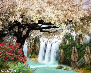 Tranh trang trí tường cây hoa trắng bên thác nước in kính