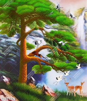 Tranh sơn dầu khổ đứng đàn chim hạc bên cây tùng