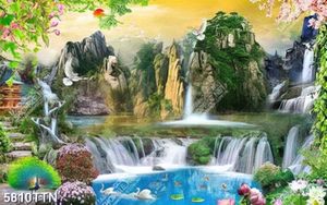 Tranh phong thủy thác nước chảy xuống hồ sen và thiên nhiên hoa lá tuyệt đẹp