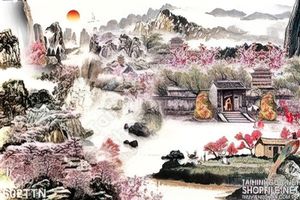Tranh thư pháp thác nước và hoa đào