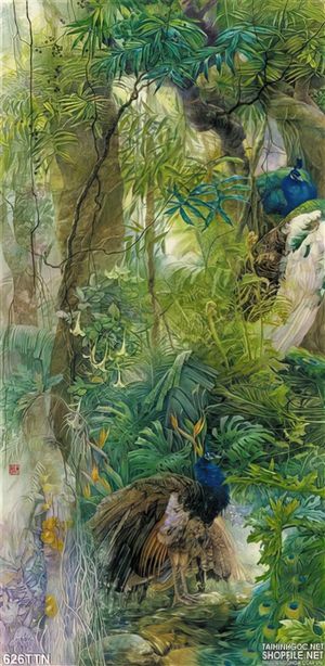 Tranh thư pháp thác nước chim công