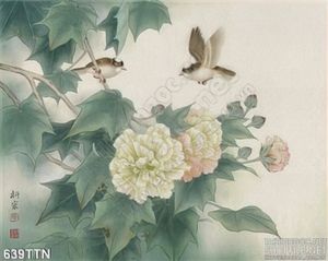 Tranh thư pháp hoa mẫu đơn và chim én