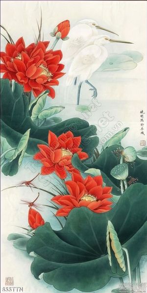 Tranh thư pháp thác nước hoa sen đẹp