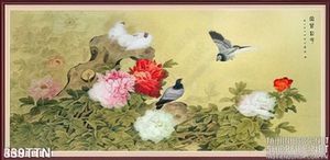 Tranh thư pháp hoa mẫu đơn và chim yến