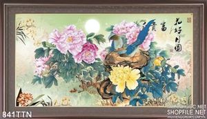 Tranh thư pháp chim công và hoa mẫu đơn