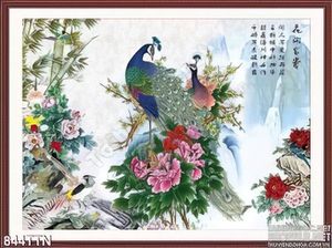 Tranh thư pháp chim công và hoa mẫu đơn