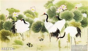Tranh thư pháp hoa sen và chim hạc