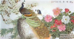Tranh thư pháp chim công và hoa mẫu đơn