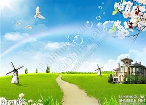 Tranh thiên nhiên đồng cỏ và cối xay gió