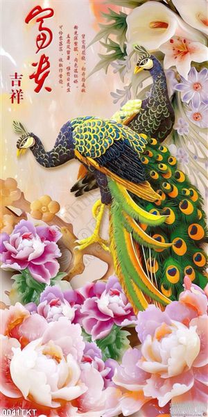 Tranh thư pháp chim công và hoa