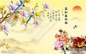 Tranh kim tiền thư pháp hoa mẫu đơn
