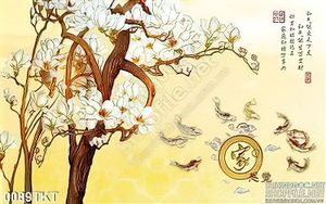 Tranh kim tiền thư pháp hoa và cá chép