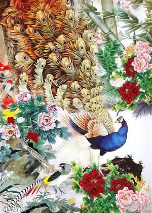Tranh kim tiền chim công và mẫu đơn