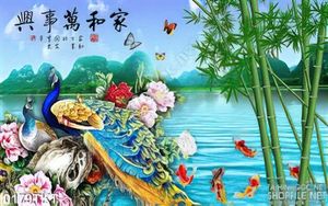 Tranh thư pháp chim công và hoa mẫu đơn