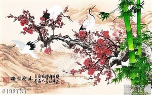 Tranh thư pháp chim hạc và hoa đào