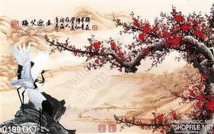 Tranh thư pháp him hạc và hoa đào