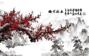 Tranh thư pháp hoa đào và sơn thủy