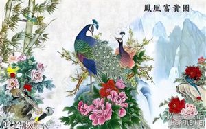 Tranh thư pháp chim công và hoa mẫu đơn